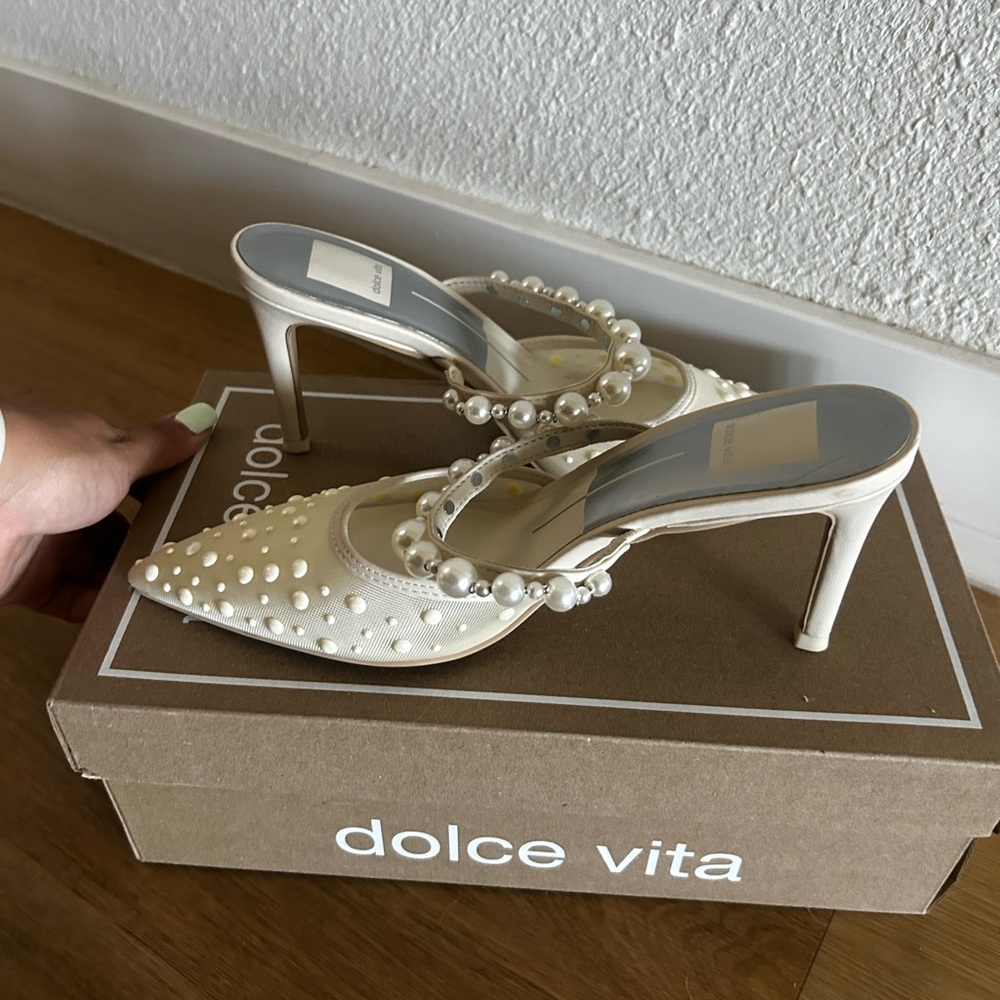 Dolce Vita Cream Stiletto Heels with Studded T-Strap